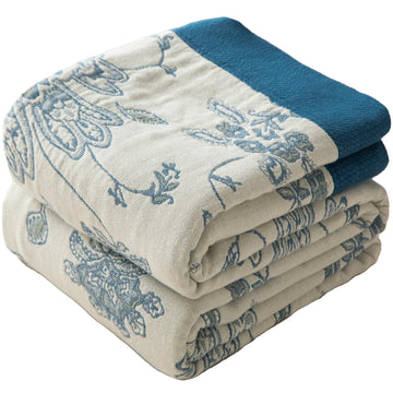 Boho Throw Blanket Full Size, Extra Large Soft Cozy Cotton Muslin Quilt Blanket for Bed Decor, Floral Patterned Couch