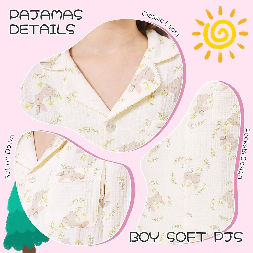 Girls 2 Pack 100% Muslin Cotton Pajama Set Button Down Pjs 2T
