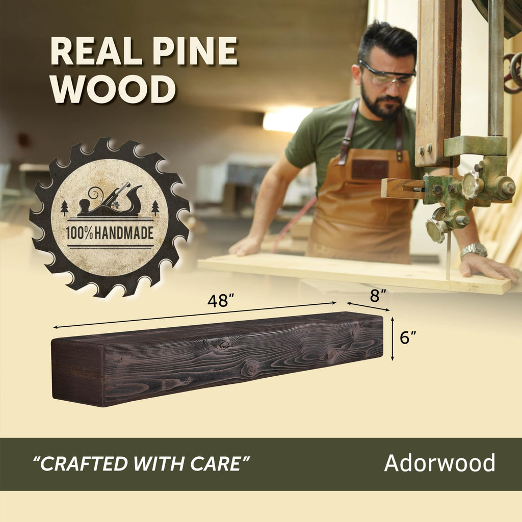 Handmade Rustic 48 Inch Fireplace Mantel Shelf, Dark Walnut 8Dx6H