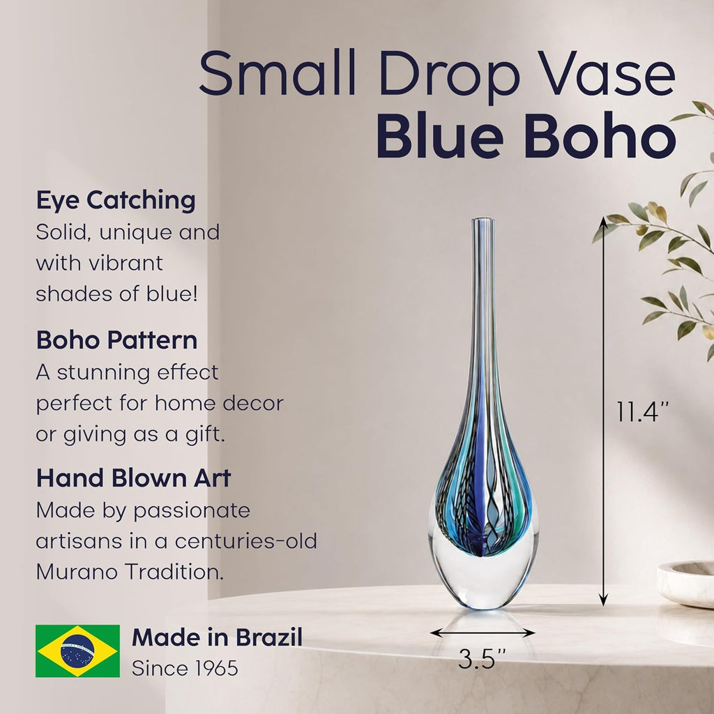 Murano Style Art Glass Drop Vase Hand Blown Blue Boho Effect Home Decor | Hand Blown Glass Drop, Decorative Table
