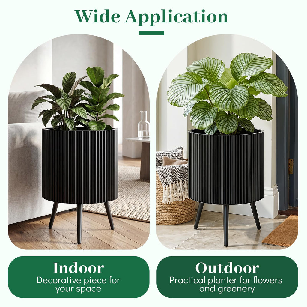 16 Inch Plant Pot with Stand, Mid-Century Modern Fluted Planter