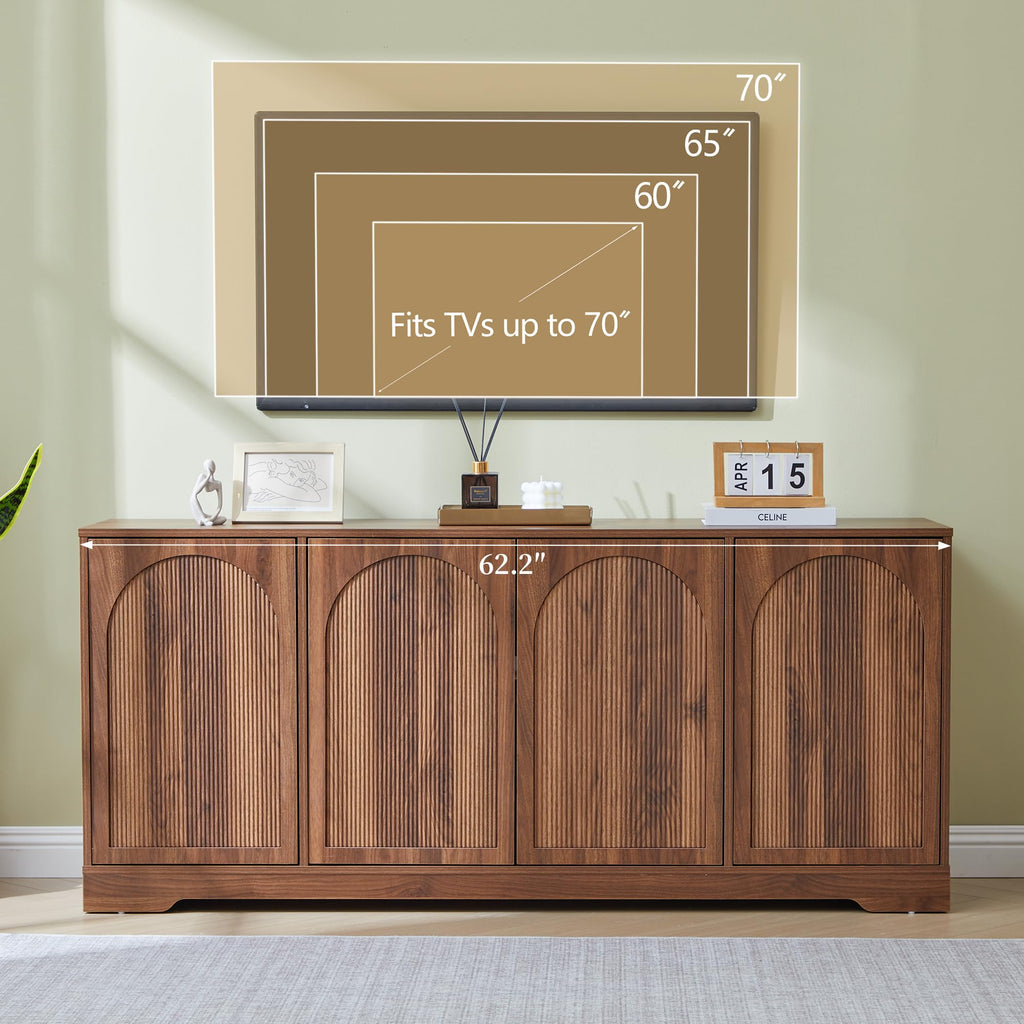Walnut 124.4" TV Stand for TVs up to 100 Inches Fluted & Arched Doors