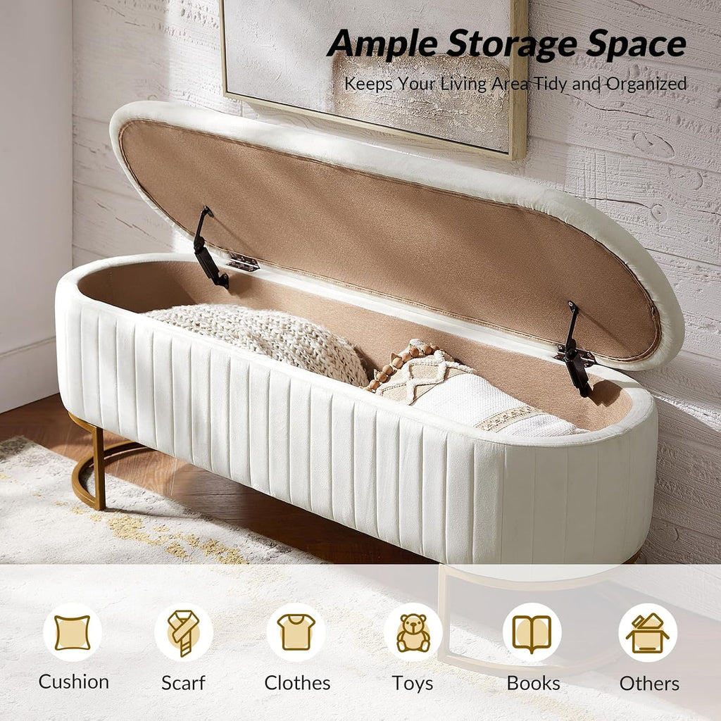 50.5" Velvet Storage Bench with Gold Legs, Modern End of Bed Bedroom Benches, Upholstered Flip Top Window Ottoman