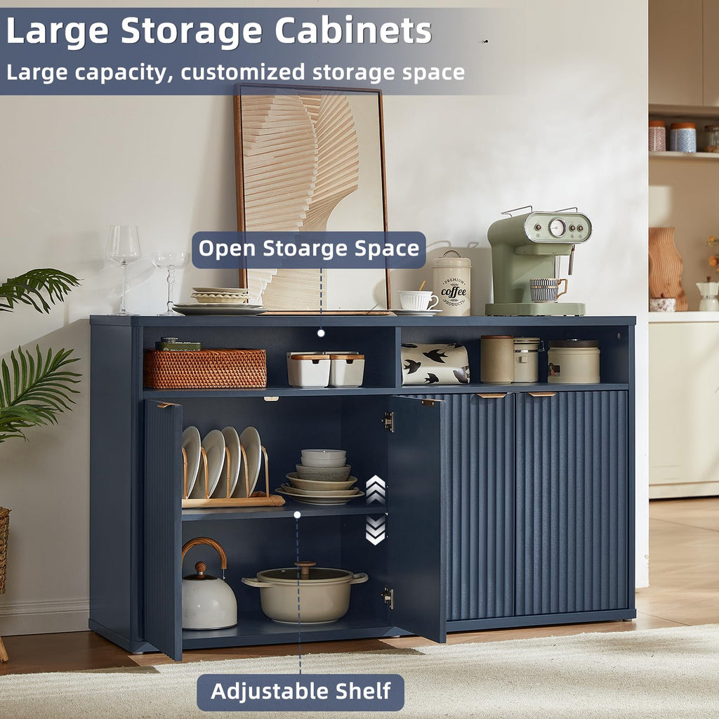 55-Inch Fluted Buffet Cabinet with 4 Doors, Dark Blue