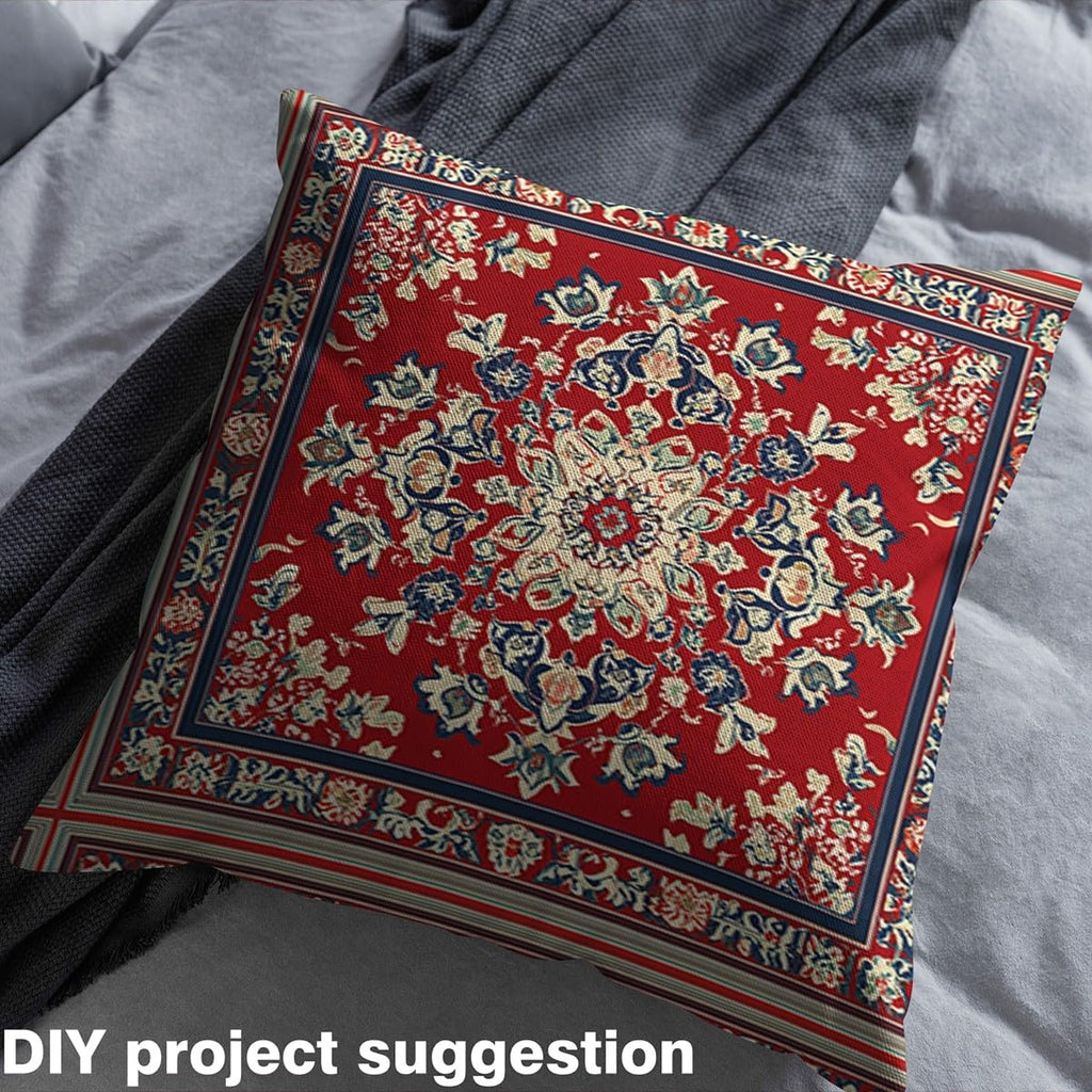 Boho Floral Fabric By The Yard, Retro Flower Grid Upholstery Fabric, Tribal Fashion Bohemian Tribal Red Green