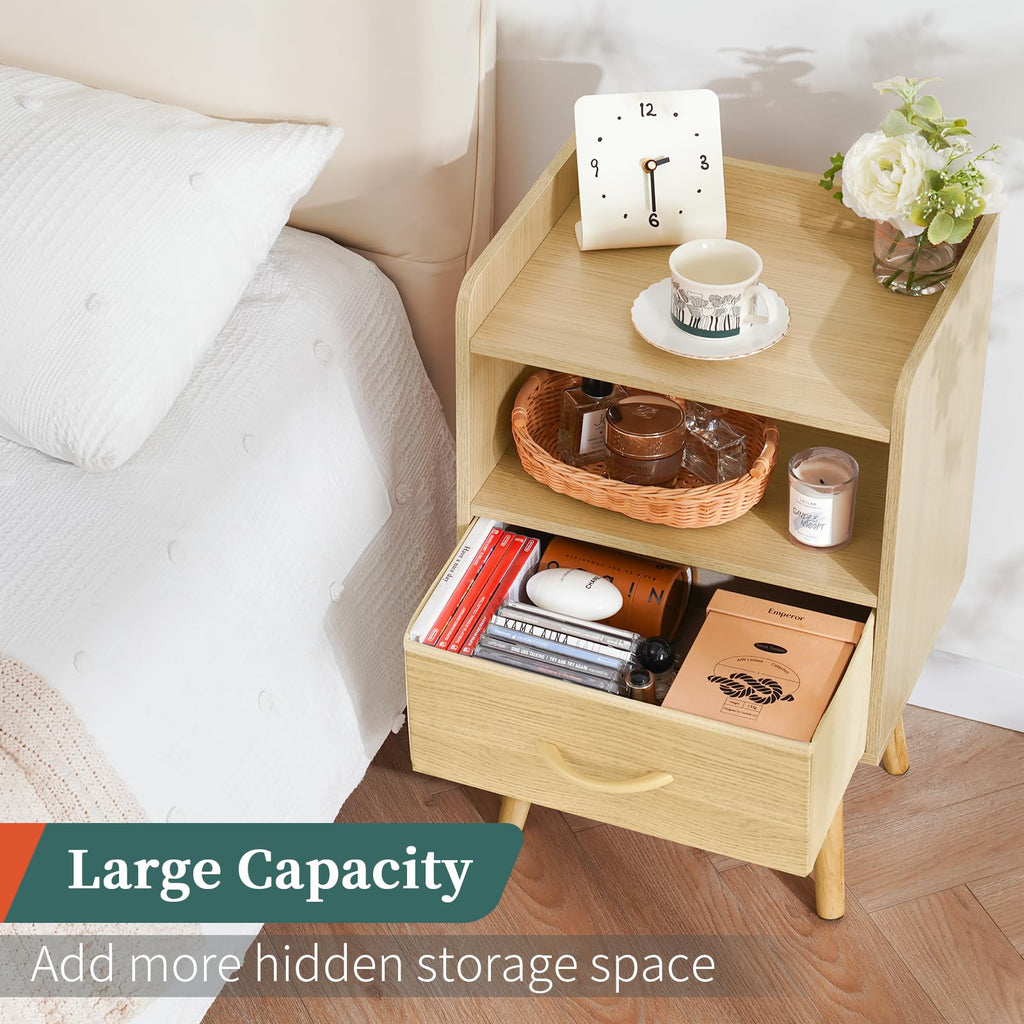 Modern Nightstand with Fabric Drawer, Bedside Tables, Mid Century Nightstand with Open Storage Shelf, Wood Bedside