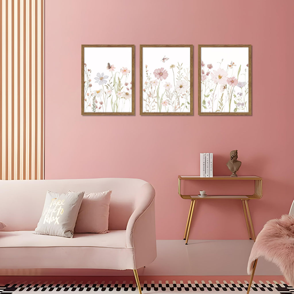 Framed Wildflower Wall Art Set of 3, Pink Floral Canvas Wall Decor Pictures, Vintage Flower Botanical Paintings