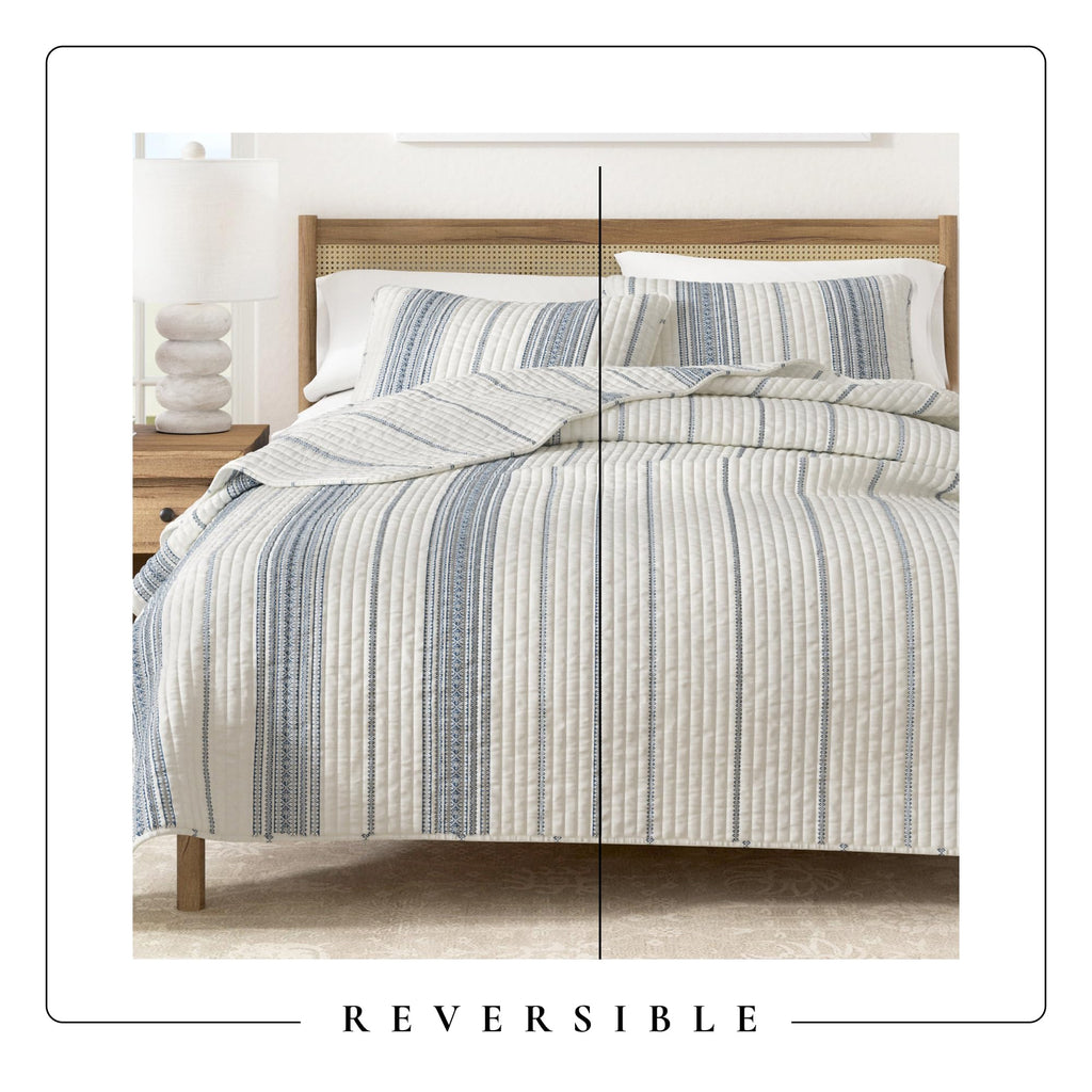 Striped Quilt Set - 3-Piece Size Farmhouse Bedding Set - Lightweight, All-Season, Reversible