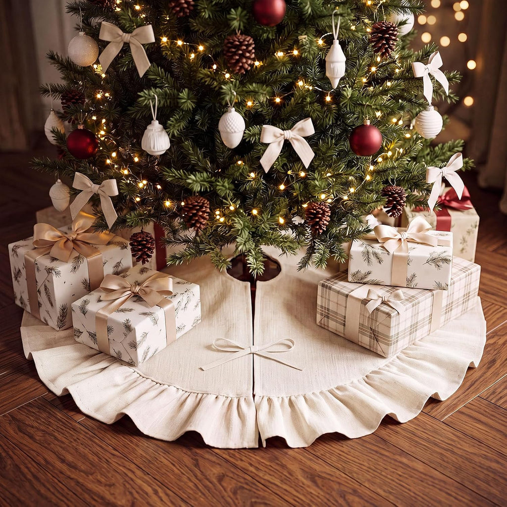 Christmas Tree Skirt with Ruffle Border and Ties 36 Inch Vintage Tree Skirt Decorations Rustic Farmhouse Scalloped
