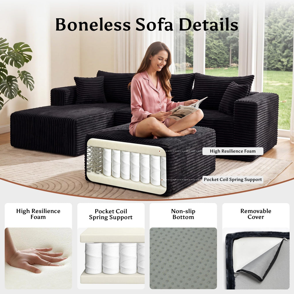 Boneless Ottoman for Couch, Corduroy Cloud Ottoman, Oversized Square Large Pouf Foot Rest, Modular Sectional Sofa