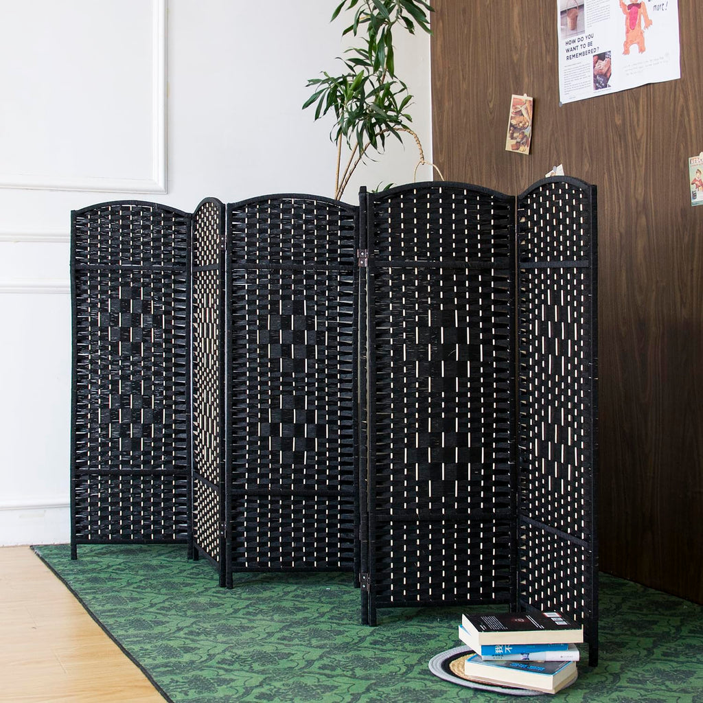 6 Panel Black Rattan Room Divider for Room Separation, 47.2" Low Height Double Sided Folding Privacy Screen