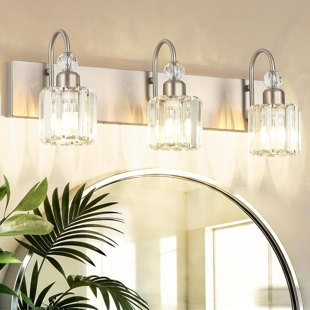 Brushed Nickel Vanity Light Crystal 3-Light Modern Bathroom Light Fixtures