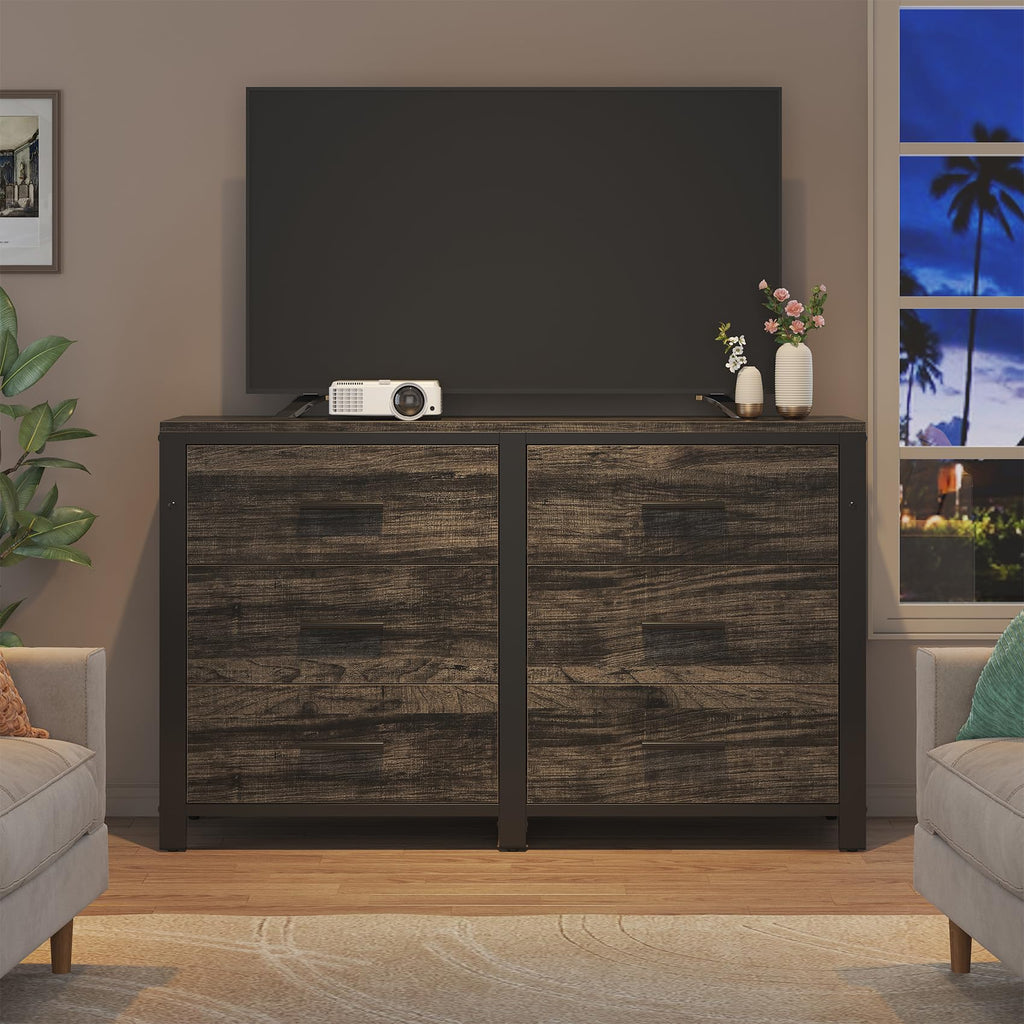 Dark Rustic, Wide Wood Dressers Furniture with 6 Wooden Drawer and Metal Frame, TV Stand with Deep Drawer (Dark
