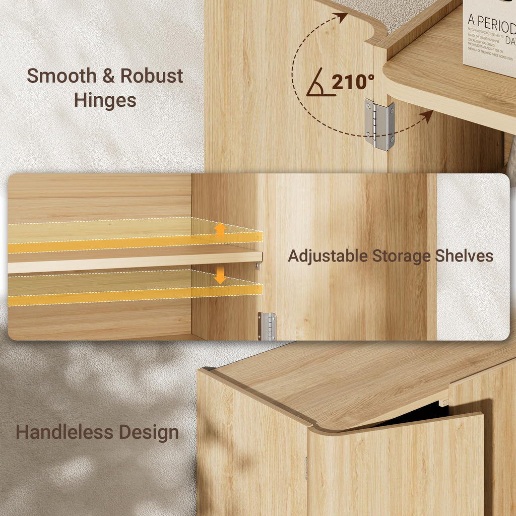 Sideboard Buffet Cabinet with Storage, 31'' Natural Oak Wood Buffet with Adjustable Shelves & 210° Wide-Opening