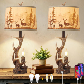 28'' Rustic Antler Table Lamps Set of 2 (4 Bulbs Included)
