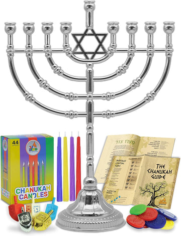 Hanukkah Complete Set - Menorahs for Chanukah - Includes , Hanukkah Candles, Dreidels, Play Coins, Chanukah Guide