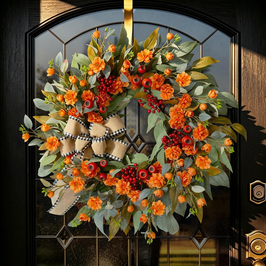 24 Inch Harvest Fall Wreaths for Front Door Outside with Bow & Red Berries