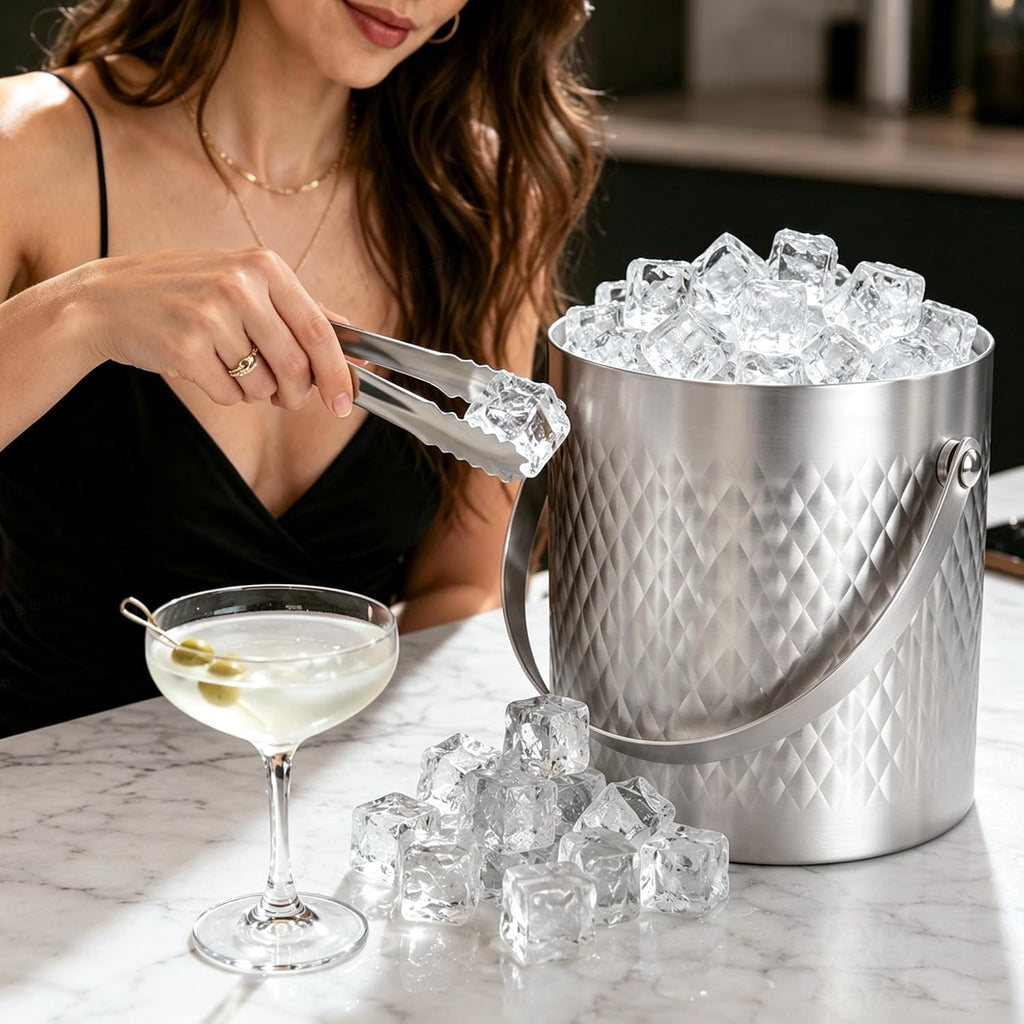 3.6 QT / 3.4L Stainless Steel Ice Bucket with Lid, Scoop & Tongs, Double Wall Insulated Ice Bucket for Parties