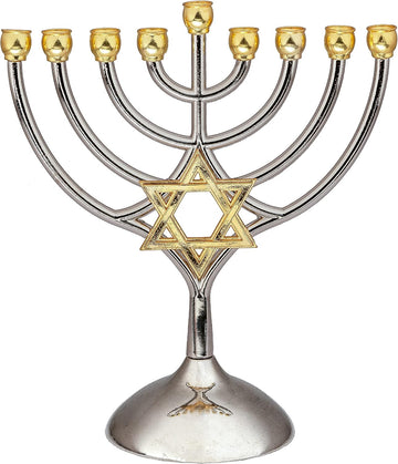 9 Branch Metal with Magen David: Modern, Elegant Jewish Hanukkah Replica Candelabra Candleholder Stand, 2-Toned