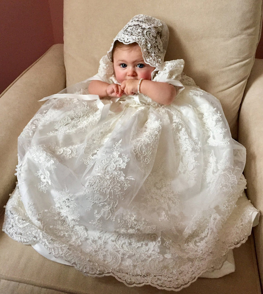 Ivory Baptism Dress Beading Lace Long Christening Gowns for Girls with Bonnet Newborn