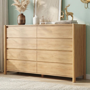 55.1" Wide Oak 8 Drawer Dresser with Solid Wood Legs