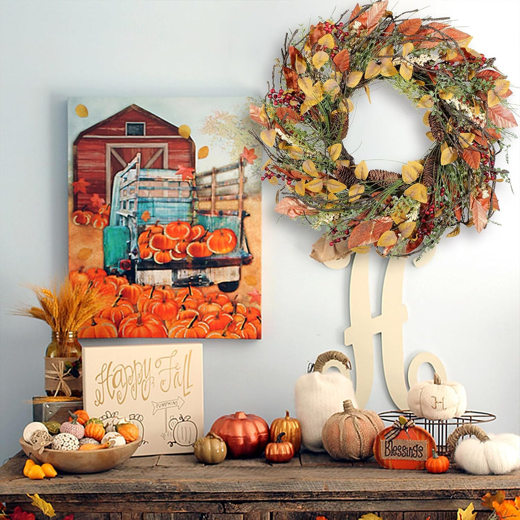 Fall Wreath for Front Door 24 inch Artificial Red Broad Leaves