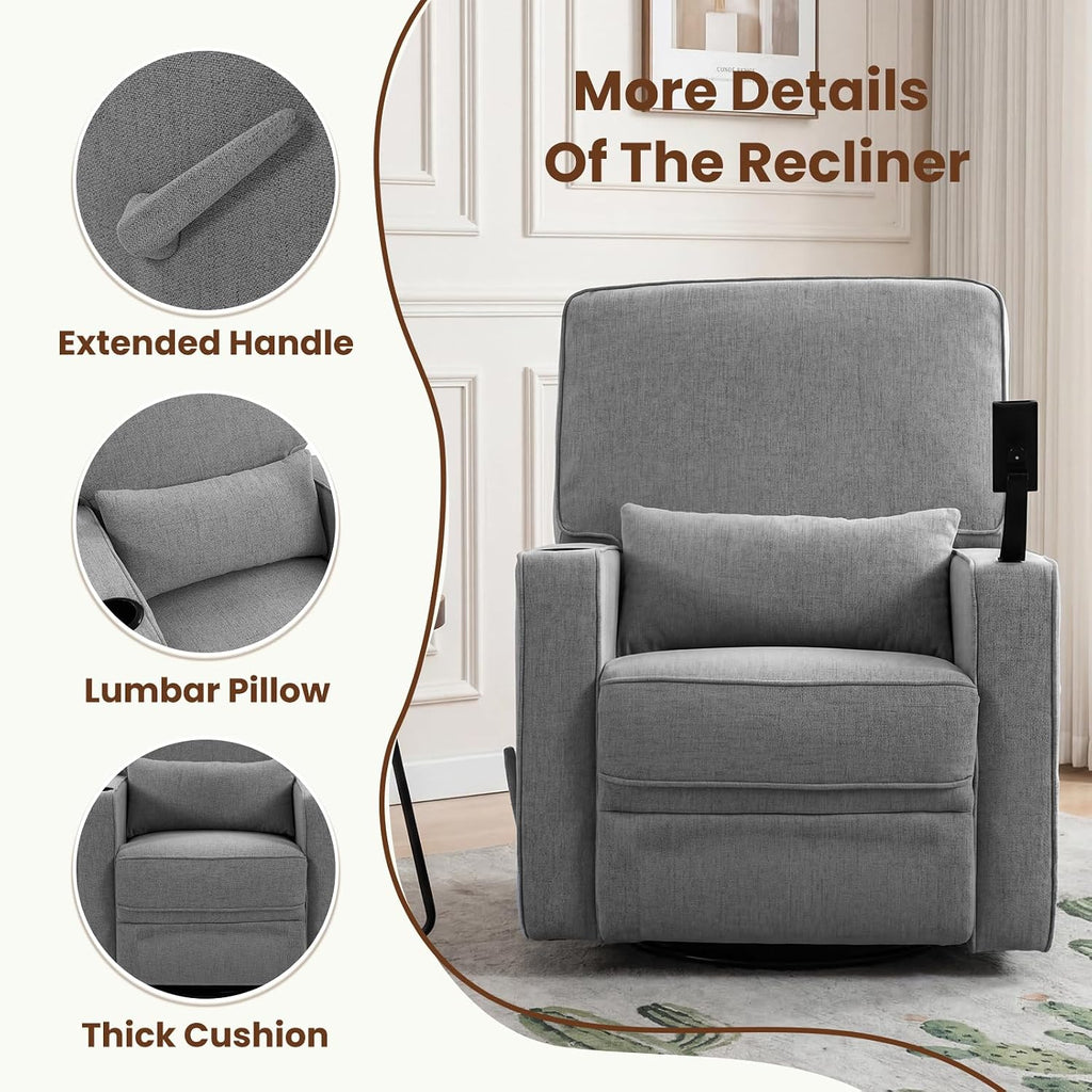360° Swivel Rocker Recliner Chair with Adjustable Footrest, Rocking Chair Nursery with Phone Stand & Cup