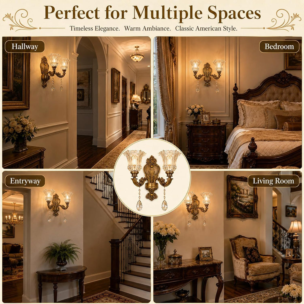 Vintage Style Crystal Sconces,2-Lights Design,3000K Warm Light | Zinc Alloy Body,K9 Crystal Pendant,Floral Glass