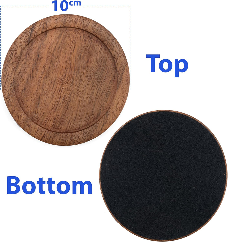 Acacia Wood Round Coasters with Holder - Absorbent Drink Coasters for Coffee & Dining Tables, Farmhouse Home - Set of 6