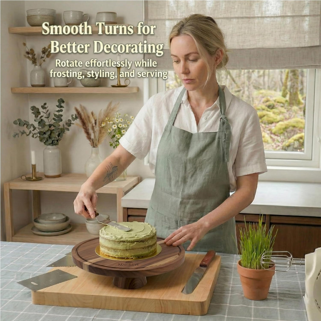 Glass Cake Stand with Lid, 11.8 Inch Dome, Rotating Acacia Wood Base