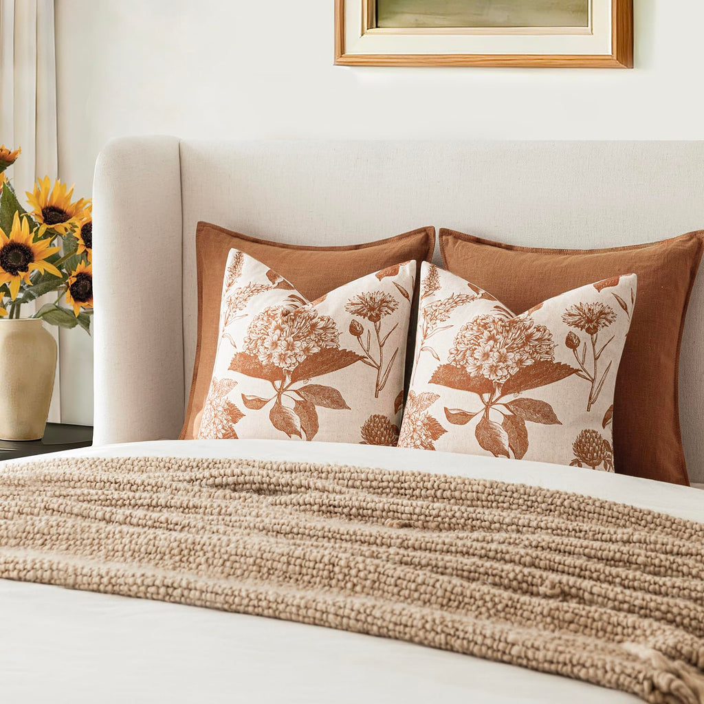 Decorative Linen Floral Throw Pillow Covers 20×20 Autumn Orange