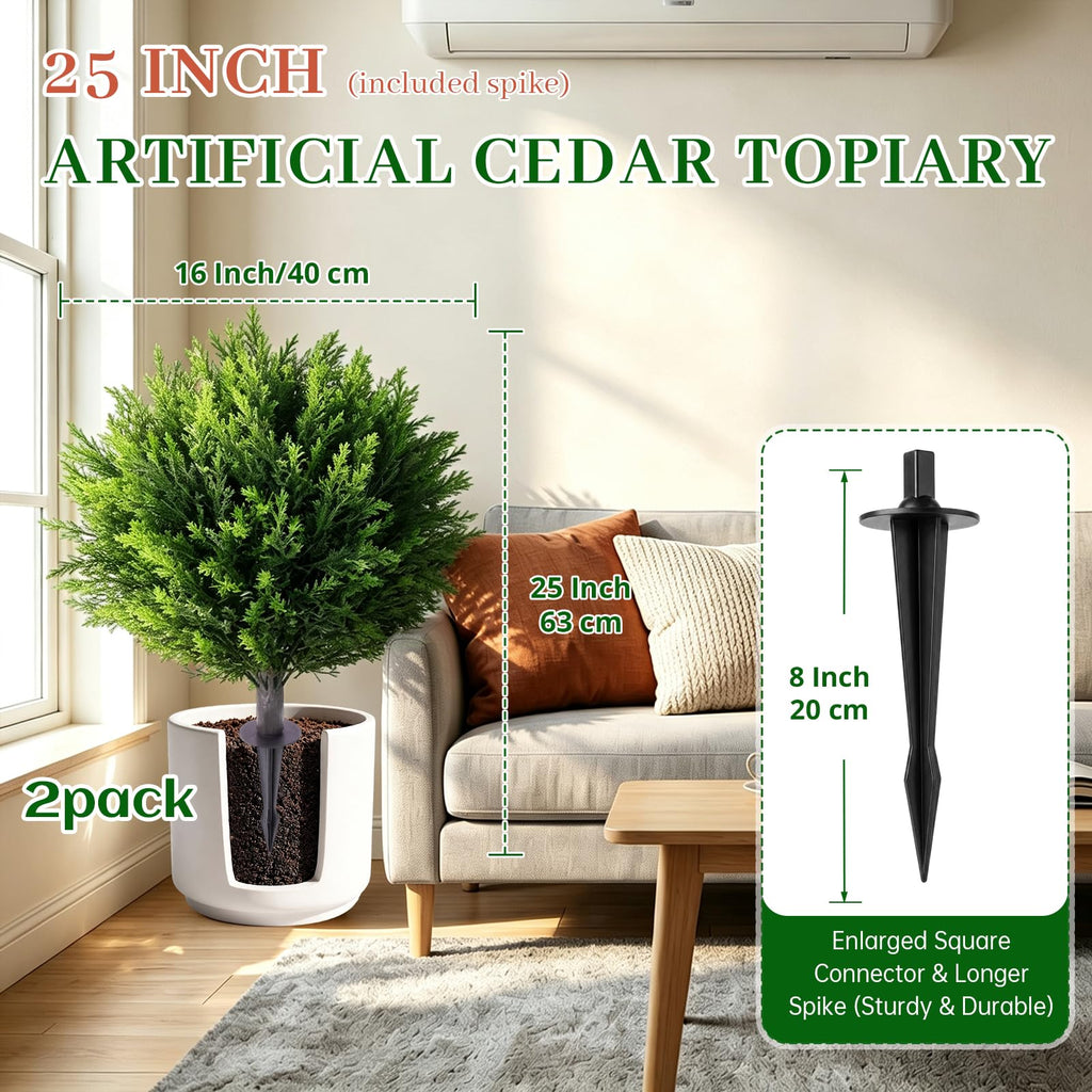 25" Artificial Cedar Topiary Ball with Ground Spike(2 Pack), Garden Decor