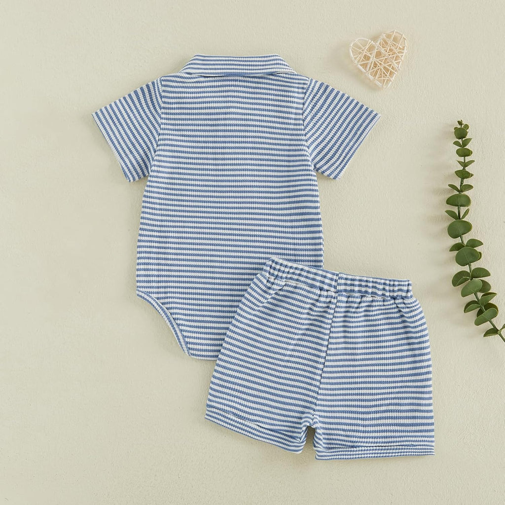 Newborn Baby Boy Summer Clothes Short Sleeve Top and Stripe Shorts Set 2 Piece Baby Boy Summer Waffle Outfit