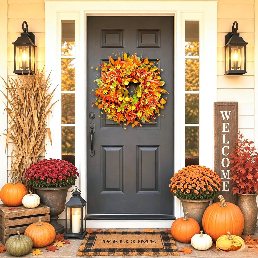 Fall Wreath for Front Door, 24 Inch Autumn Wreath with Berries,Lemon Leaves, Oak Leaves, and Maple Leaves Fall