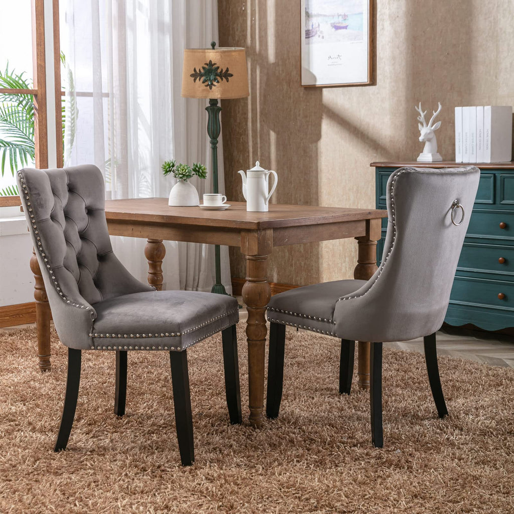 62.99" -78.74" Extendable Dining Table Set of 8, Brown Dining Room Table & 8 Gray Velvet Dining Chairs with Wood Leg