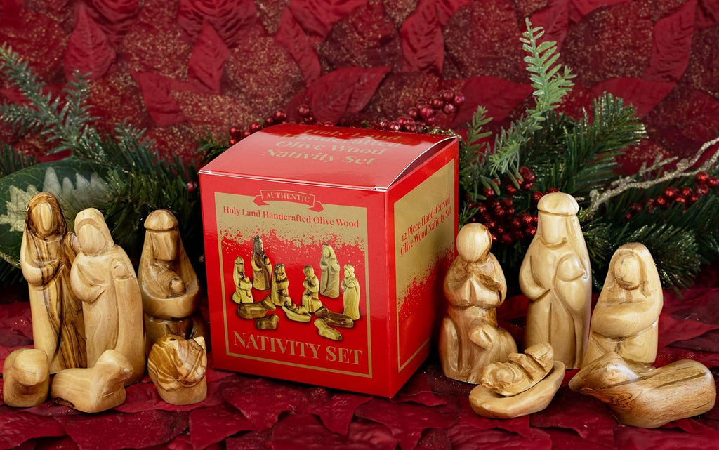 12 Pcs Holy Land Olive Wood Faceless Nativity Set, Small