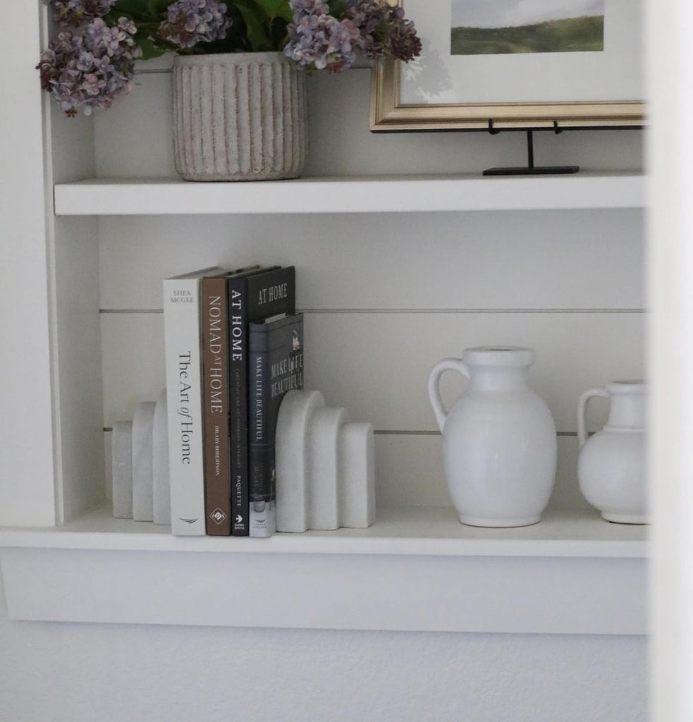 White Marble Bookends - Decorative Stone Book Holders for Shelves, Desks & Tables - Modern Home & Office Shelf