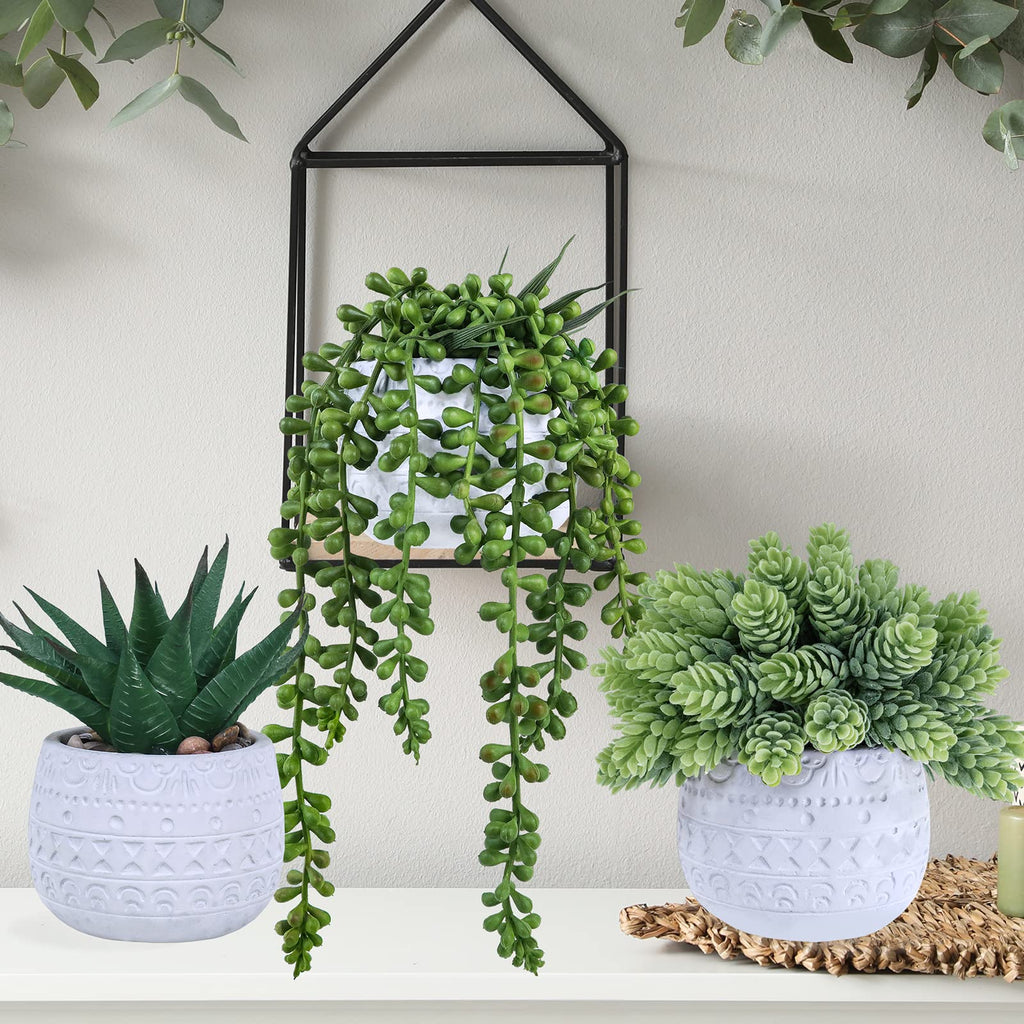 3 Pcs Assorted Small Potted Succulent Plants Artificial Aloe Hanging Succulent in White Geometric Concrete Ceramic
