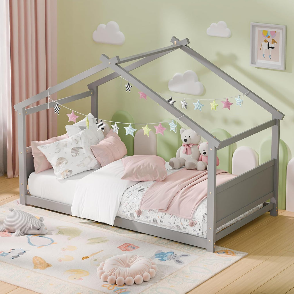 House Bed, Montessori Floor Bed for Toddlers, Wooden Kids Floor Bed Frame with Roof, Low Toddler House Bed for Boys