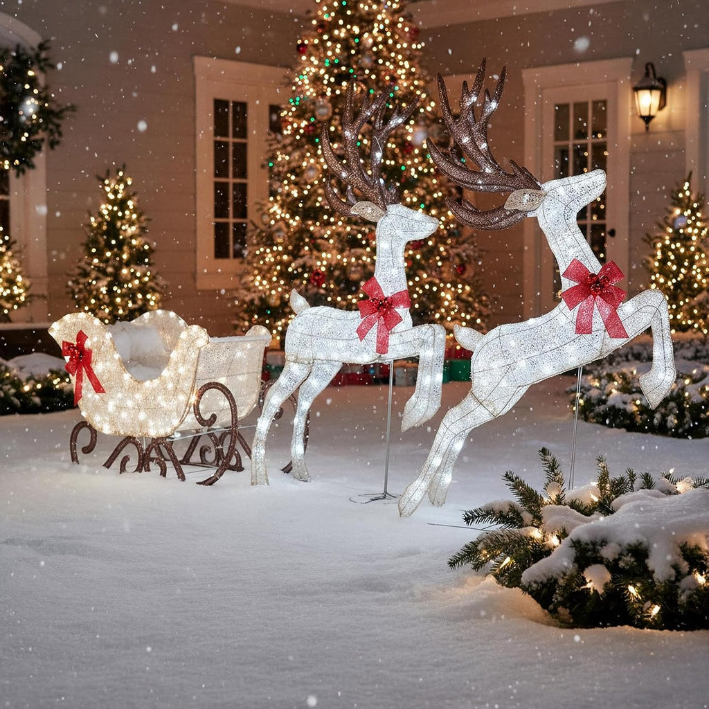 3-Piece Christmas Lighted Reindeer & Sleigh Set, Cold White
