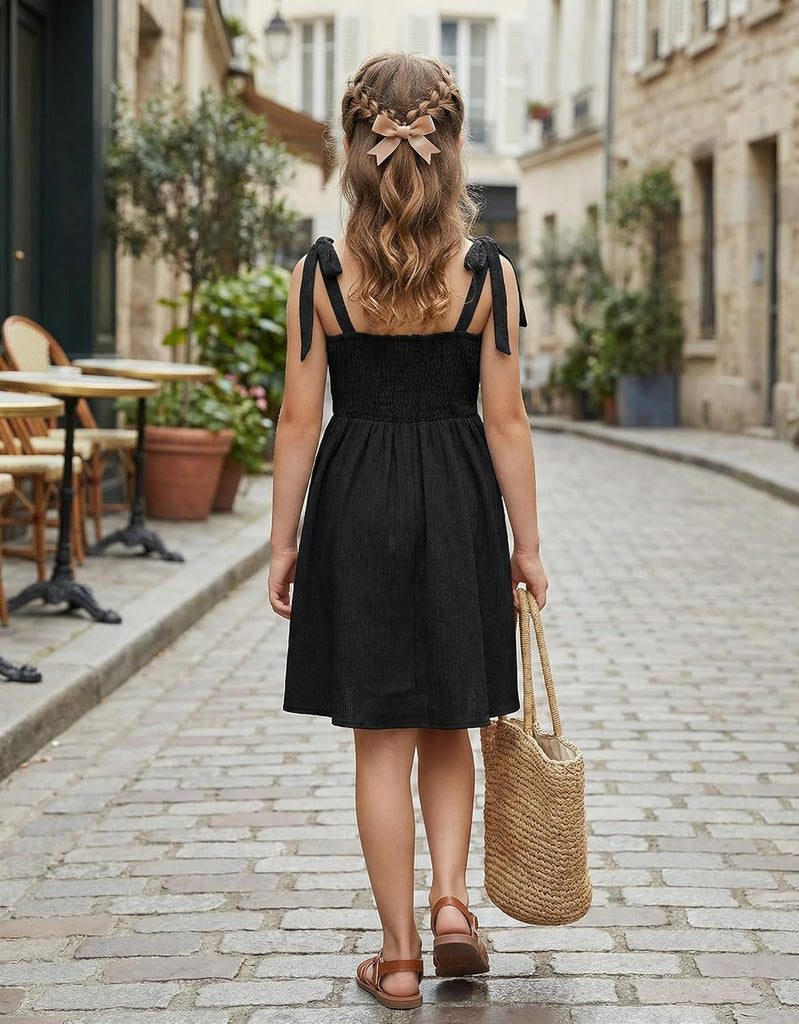 Girls Dresses Ruched Smocked Back Spaghetti Strap Bow Sundress