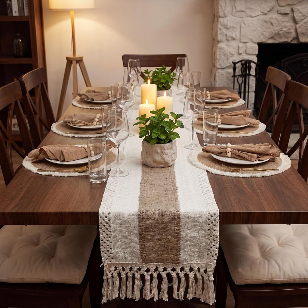 8 Sets of Placemats and Table Runner, Farmhouse Rustic Jute Decor | Round Placemats with Napkins,Wood Bead Rings,Jute