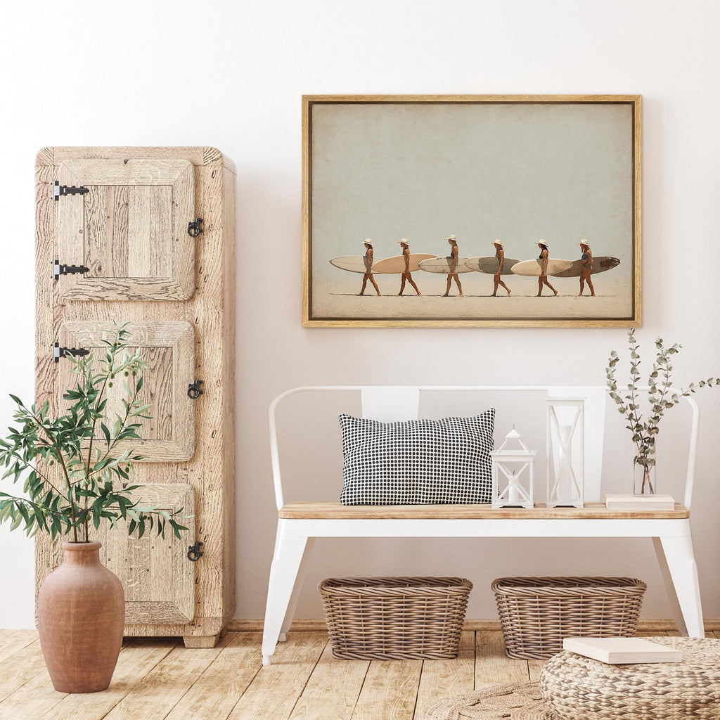 Framed Canvas Wall Art Boho Beach Wall Art, Women with Surfboards Illustrations Abstract Contemporary Relax/Calm