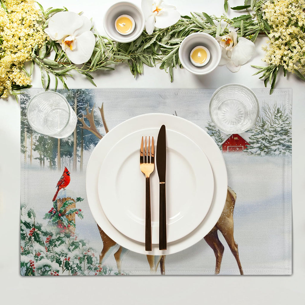 Winter Deer Placemats Set of 4 12x18 Inch Christmas Reindeers Elk Moose Place Mat Xmas Trees Snow Wildlife Table Mats