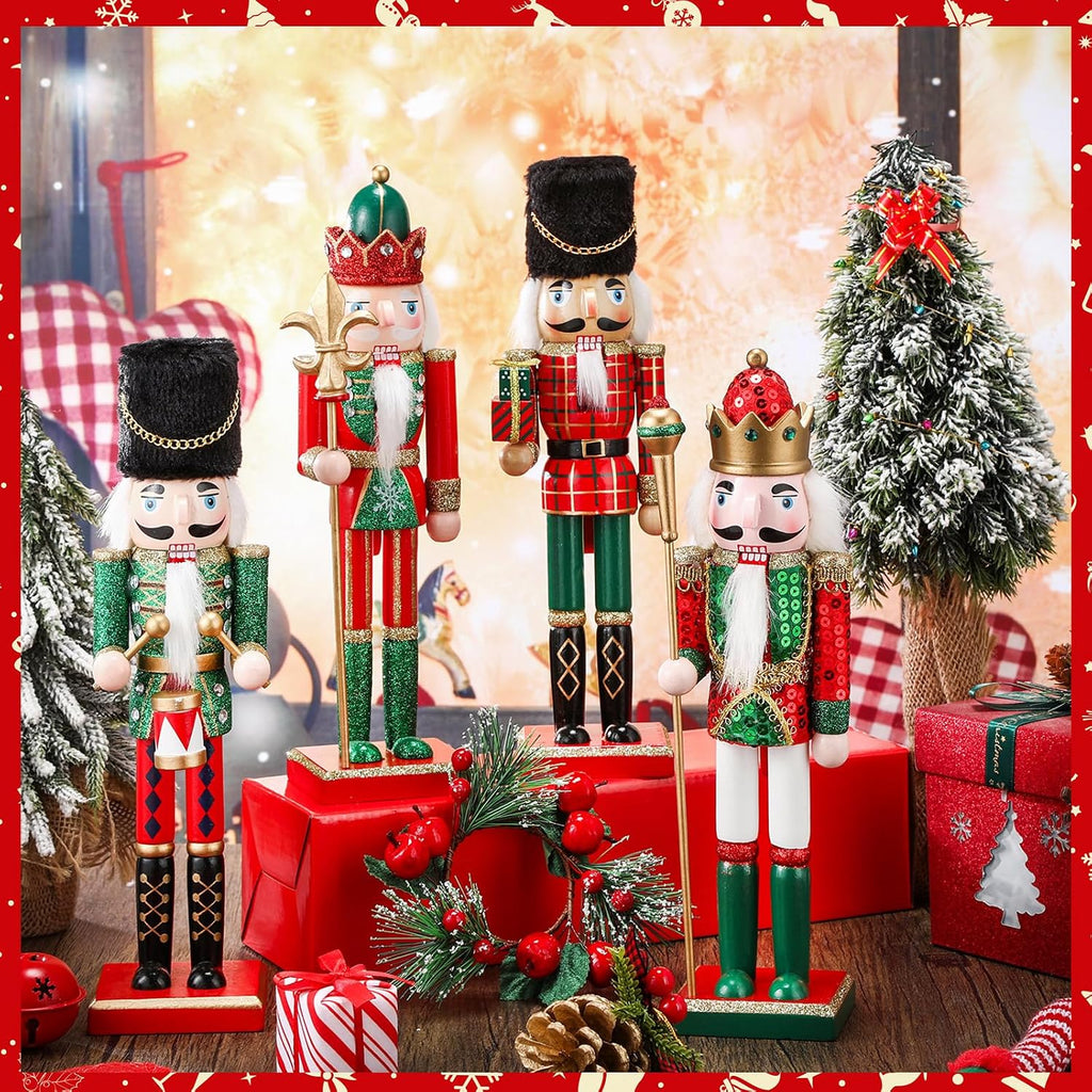4 Pcs 12 Inch Christmas Wooden Nutcracker Soldiers Red Green Retro