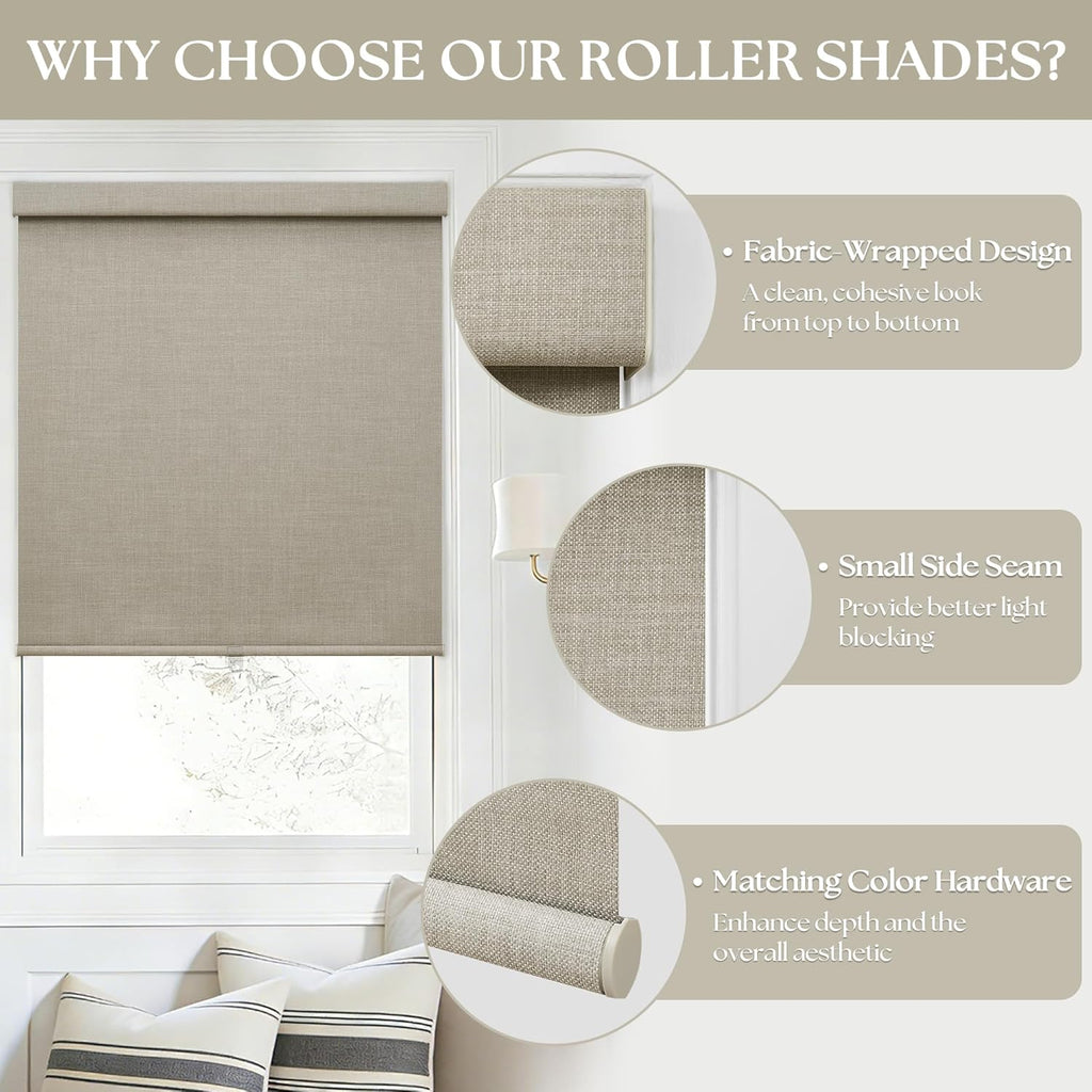 Blackout Roller Shades for Bedroom Window Cordless Free-Stop Blinds with Valance UV Protection 100% Black Out Linen