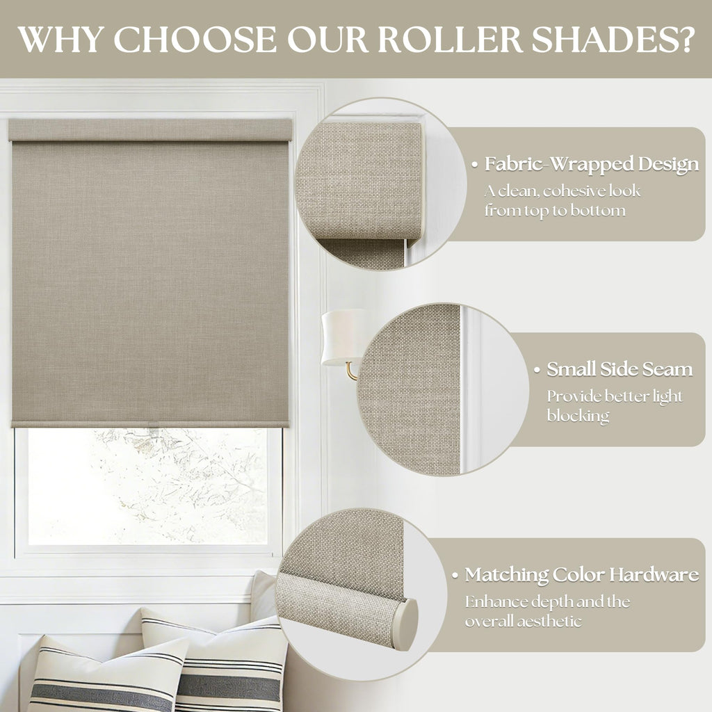 100% Blackout Roller Shades Cordless Blinds for Windows Free-Stop Thermal Insulated Black Out Linen Roller Shades