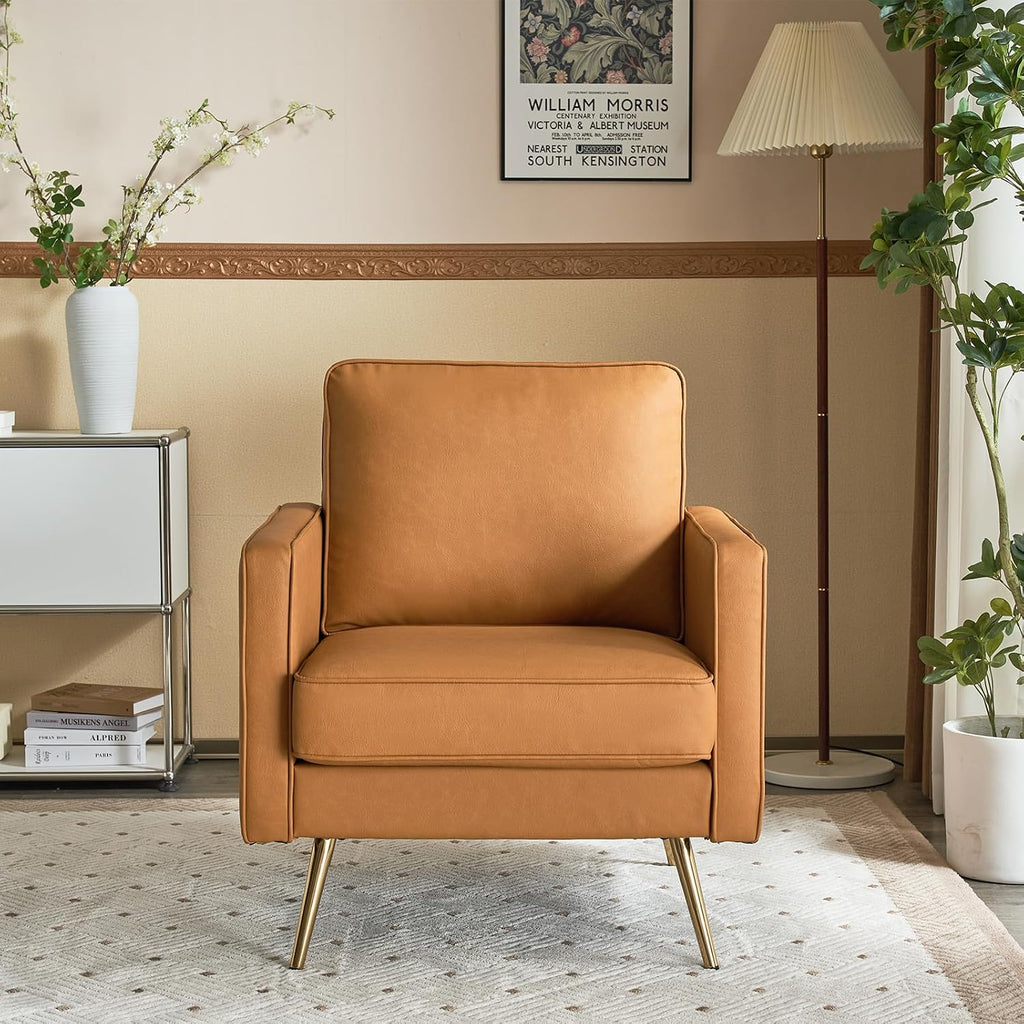 PU Leather Accent Chair Brown Mid Century Modern Upholstered Sofa Chairs with Arms, Gold Legs