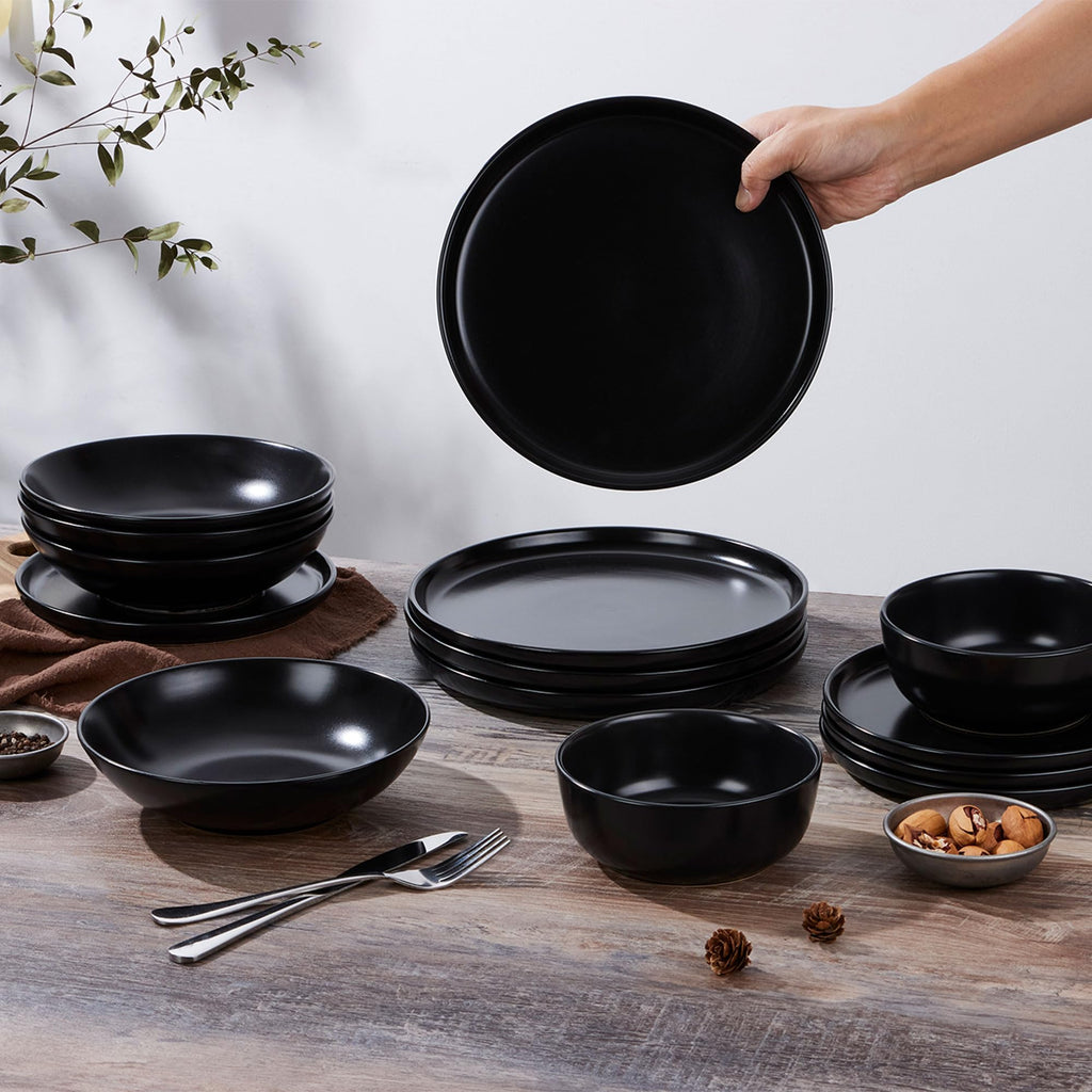 16 Piece Dinnerware Sets with Double Bowls for 4, Black Onyx