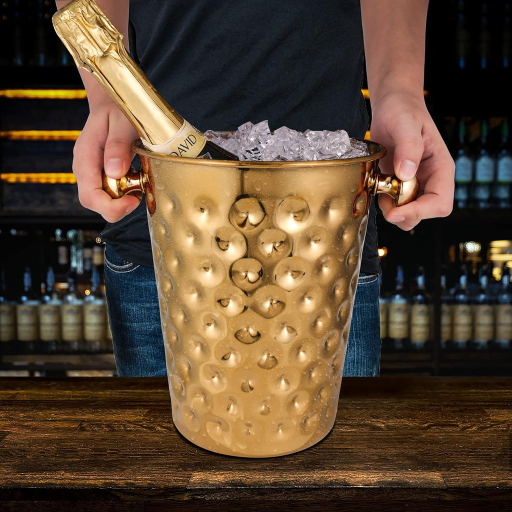 5-Quart Metal Golden Champagne Bucket, Hammered Mirror Finish Stainless Steel Ice Bucket for Party, Wedding, Banquet